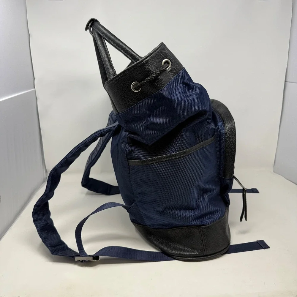 Versace Parfums Navy Blue Nylon Backpack Tote Bag Greca Straps Black Trim